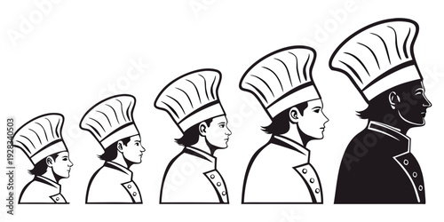 A series of chefs in white hats and black coats, each one slightly larger than the last. Vector