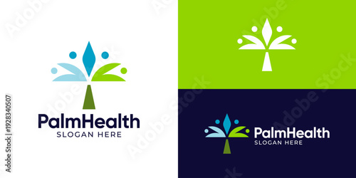 Creative simple palm health logo template. Abstract palm with people person unity leader logo design vector illustration.