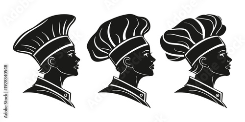 Three stylized profiles of women wearing elaborate, curly hairstyles. Vector