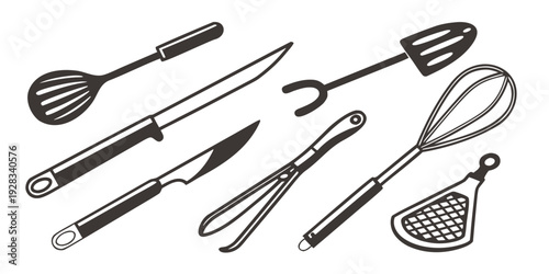 A variety of kitchen utensils including whisks, spatulas, and ladles Vector