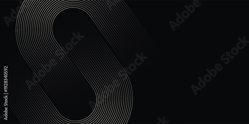 Abstract elegant black background with shiny gold geometric lines. Modern golden diagonal rounded lines pattern. Luxury style. Horizontal banner template.