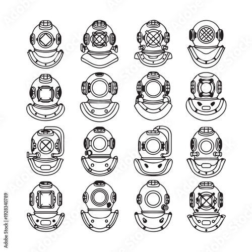 Vintage Diving Helmets Collection Set Isolated on White Background Retro Scuba Gear Elements