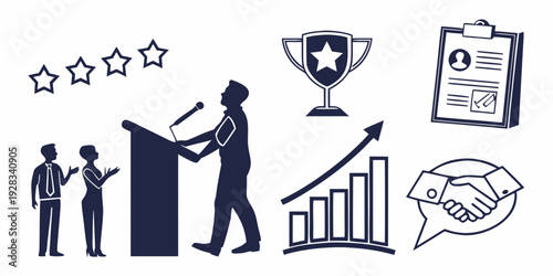 Illustration of people achieving success through public speaking and presentations Vector