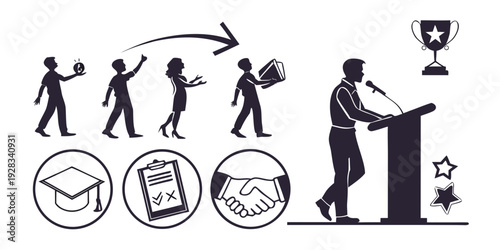 Illustration of people working together to achieve a common goal and win a trophy Vector
