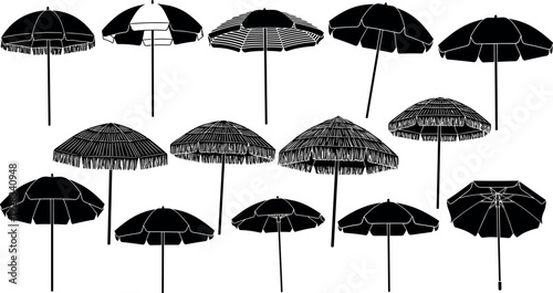 Beach umbrella silhouette icons set, black sunshade parasol vector illustration with fringe, summer vacation patio furniture for outdoor resort design.