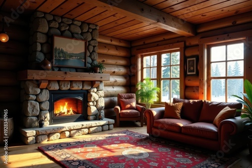 Cozy log cabin interior with fireplace and natural light , logs, country, decor