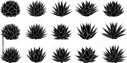 Black Agave Silhouettes Vector Set Featuring Various Succulent Plants Aloe Vera Desert Flora Botanical Spiky Leaves for Nature Landscaping Decoration