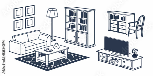 A cluttered office space with various furniture and equipment Vector