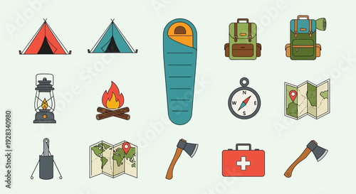 Camping and Hiking Essentials Icons Set.