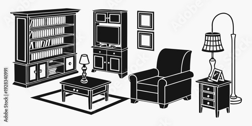 A well-furnished living room with a variety of furniture pieces and decor items Vector