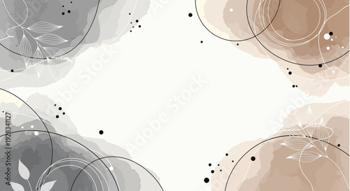 Elegant Minimalist Abstract Background Subtle Gray and Sepia Watercolor Blooms with Delicate Ink Splatter and Geometric Accents