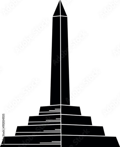 Black obelisk monument silhouette vector illustration, ancient Egyptian stone pillar landmark icon, historical monolithic tower on tiered pedestal, architecture graphic.