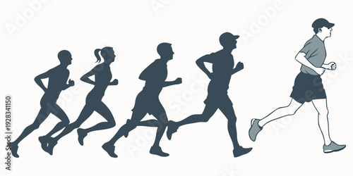 Group of people running in a straight line, with one person leading the way Vector