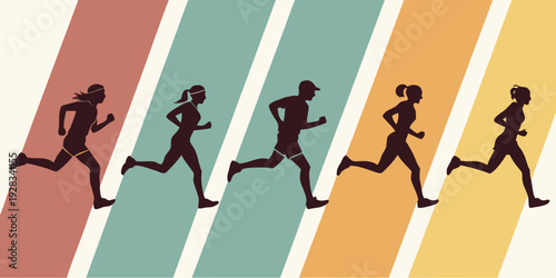 Group of runners participating in a race on a sunny day with colorful background Vector