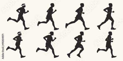 Silhouettes of people running in various styles and postures. Vector