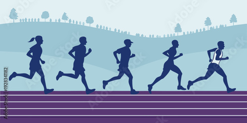Group of people running on a track with a scenic background Vector