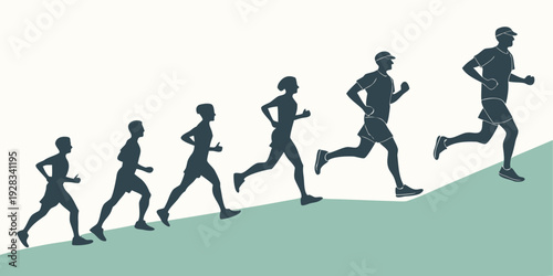 Group of people running up a hill in a line, silhouetted against a gradient background Vector
