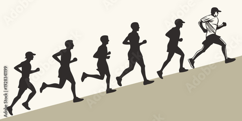 A group of people running up a steep incline, with one person in the lead. Vector