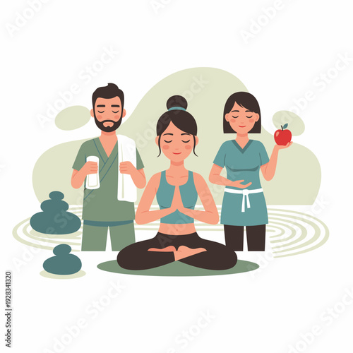 Woman Meditating with Wellness Professionals Nearby.