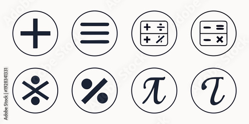 A collection of various mathematical and logical symbols representing different operations and concepts. Vector