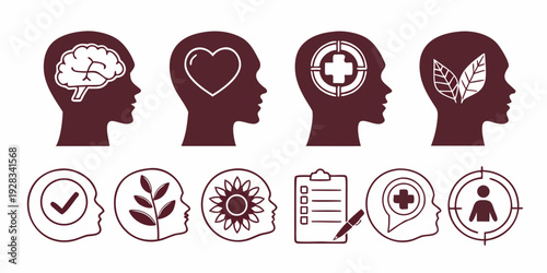 Illustrations of various human thoughts and emotions represented as icons. Vector