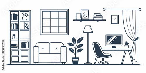 A modern living room with a cozy atmosphere and various furniture pieces. Vector