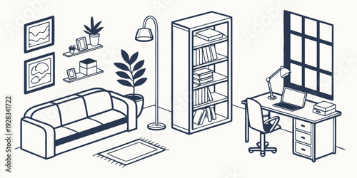 A cozy living room with a sofa, shelves, and indoor plants Vector