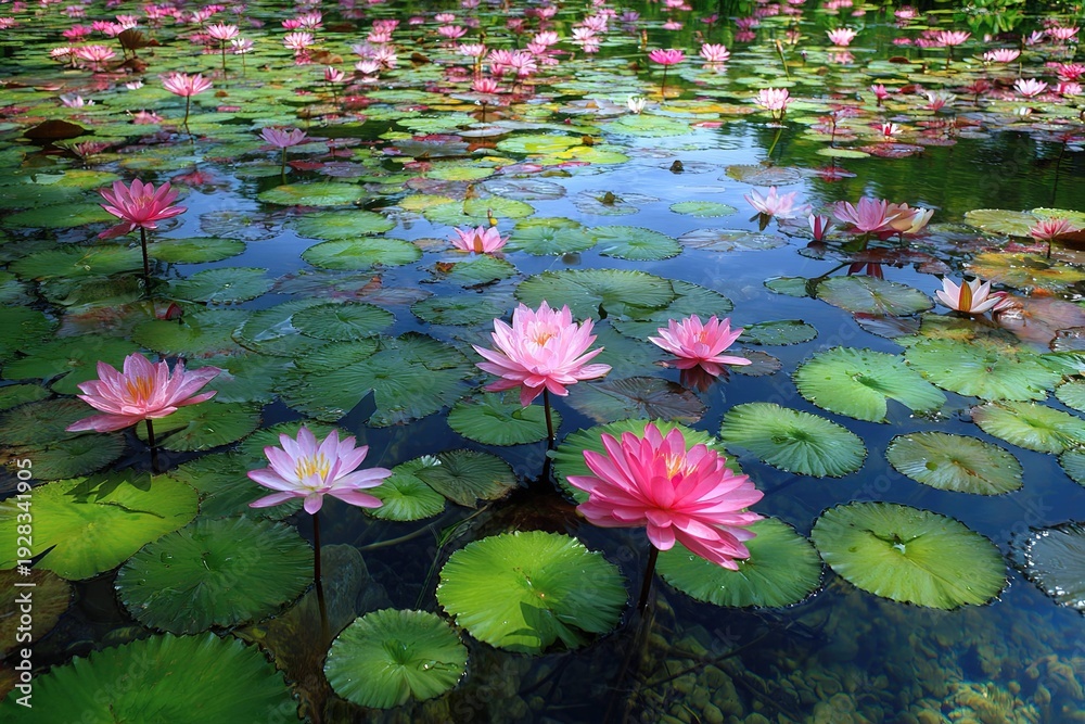 Fototapeta premium tranquil pond covered with lotus flowers and lily pads