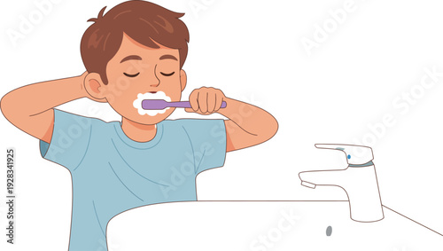 Young boy with closed eyes diligently brushes his teeth with a purple toothbrush over a white sink and faucet.