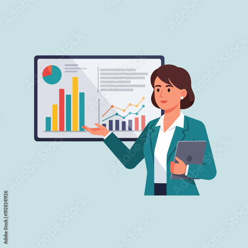 Woman presenting business data on screen.