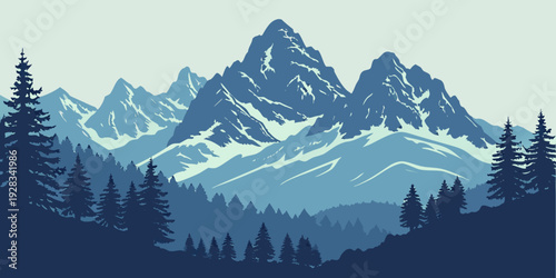 Majestic mountain range with snow-capped peaks and dense forest below Vector