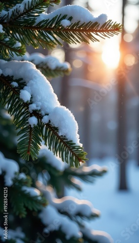 Crystal snow on pine branches, sunny winter forest scene, branch, holiday, glistening