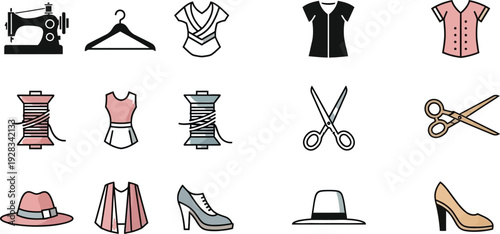 Collection of fashion design elements and accessories illustrated in graphic style