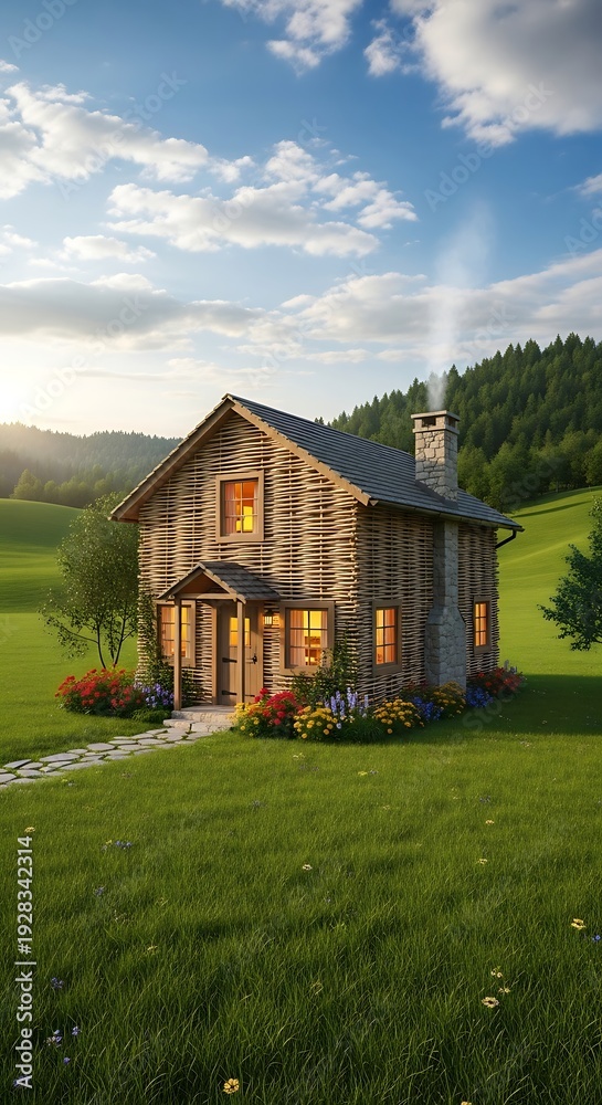 Obraz premium Cozy Wooden House in Green Landscape.