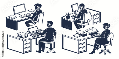 People working together in an office environment with computers and documents. Vector