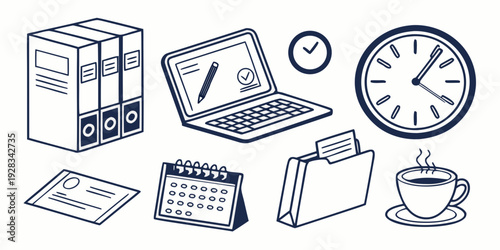 A busy office workspace with various tools and equipment for productivity Vector