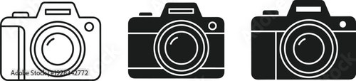 Digital camera icon set with photography lens equipment symbols in black solid flat design and line art vector illustration elements for media