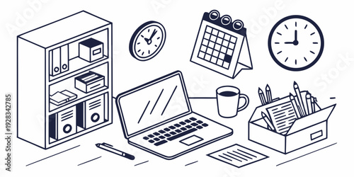 A cluttered workspace with a computer, books, and various office supplies. Vector