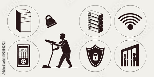 Icons representing various aspects of safety and security in a digital environment. Vector