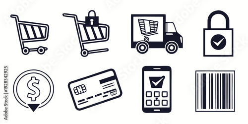 A collection of icons representing various aspects of online shopping and security Vector