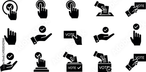 Election and voting icons set, black silhouette hands with ballot paper, vote card and check mark symbols for political campaigns.