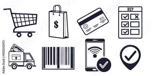 Assorted icons representing various aspects of online shopping and payment methods Vector