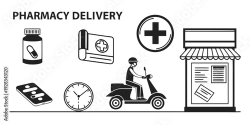 Illustration of a pharmacy delivery service with various icons and a delivery person on a scooter Vector