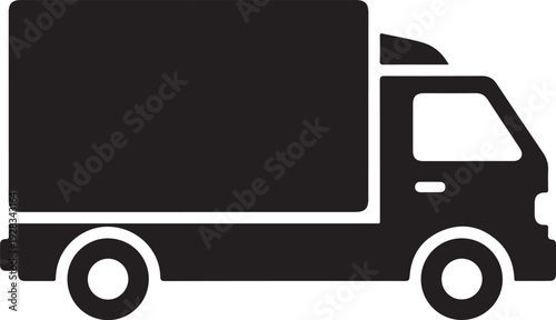 A stark black silhouette depicts a large delivery truck with visible wheels and cabin showcasing a simple design silhouette high quality