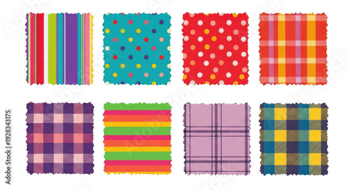 Colorful fabric patches with diverse patterns stripes polka dots plaid for creative projects and crafts, vibrant textile squares