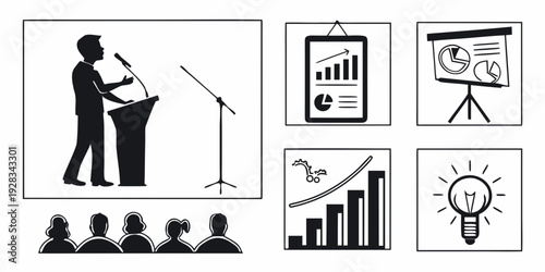 Illustration of a speaker presenting to an audience with various presentation elements Vector