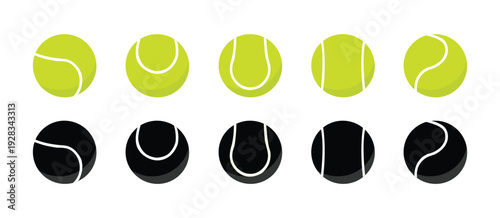 Isometric Tennis Ball Icon Set – Green and Black 3D Sport Ball Vector Collection, Minimal Flat Design Illustration.