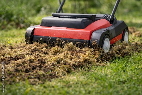 Lawn care in detail: An electric scarifier removes moss and thatch from the turf.