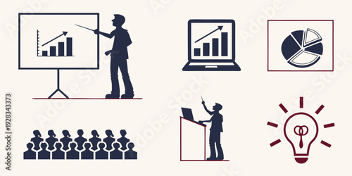 Illustrations of people presenting, analyzing data, and brainstorming ideas. Vector