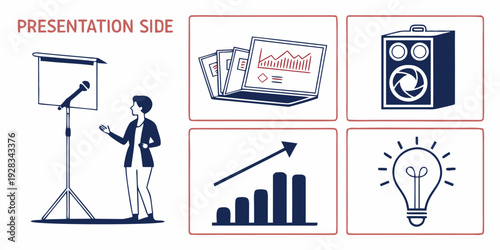 Illustrations of various aspects of a presentation including preparation and delivery Vector